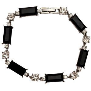 Monet Black Baguette Glass Clear Rhinestone Tennis Bracelet 7.5" L, Signed E216